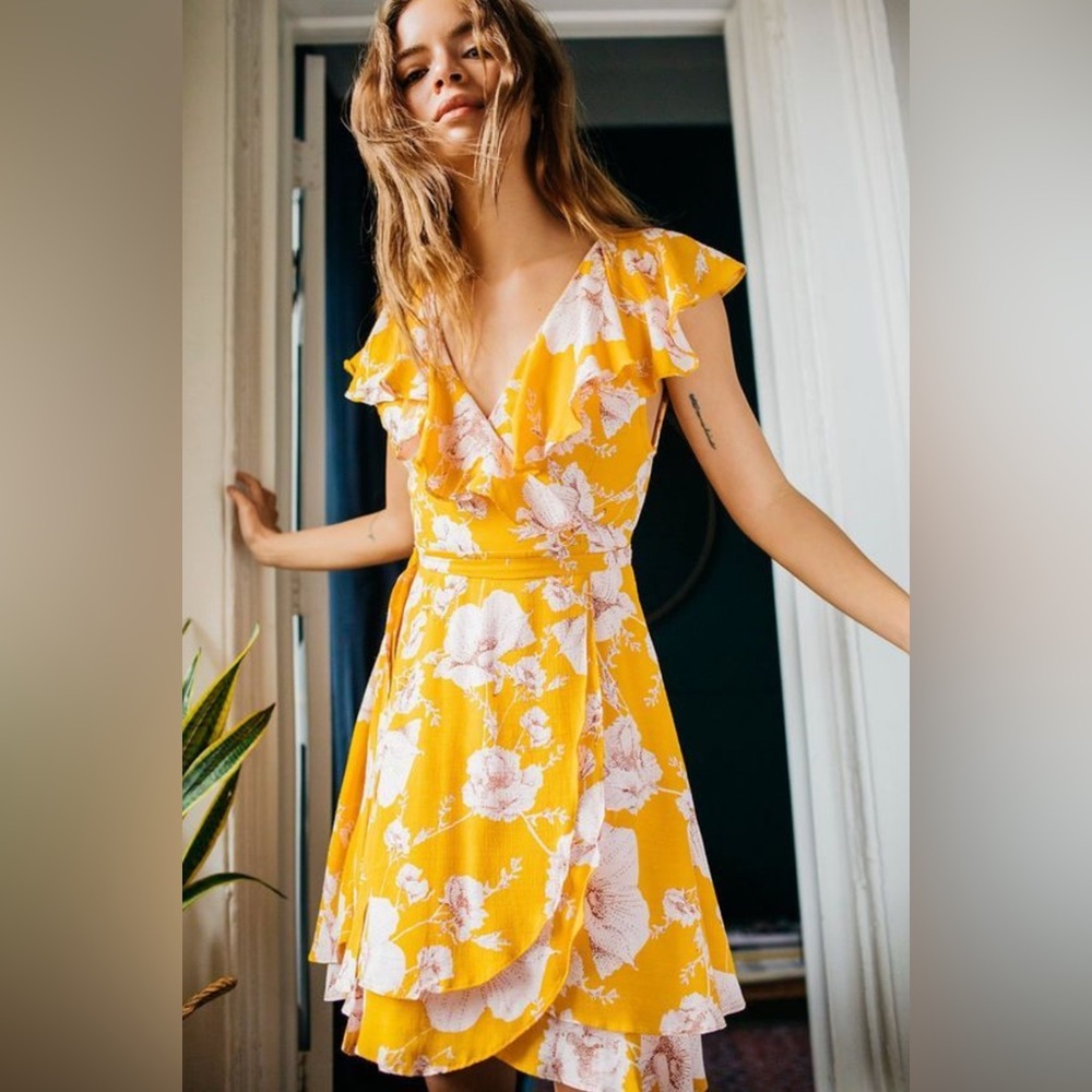 Free People French Quarter Yellow Floral Print Wrap Mini Dress Small